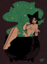 Rule 34 | 1girl, black background, black eyes, black hair, black hat, blush, breasts, cauldron, feet, colored smoke, halftone, halloween, hands up, hat, highres, long hair, medium breasts, navel, nipples, nude, original, parted lips, sgtmadness, shadow, simple background, smile, smoke, solo, witch, witch hat