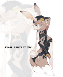 Rule 34 | 1girl, animal ears, arm up, armor, ass, back, black leotard, blue eyes, breasts, copyright name, cropped legs, dark-skinned female, dark skin, earrings, elbow pads, final fantasy, final fantasy xiv, highres, jewelry, leotard, long hair, low ponytail, medium breasts, parted lips, rabbit ears, rabbit girl, rabbit tail, ring, see-through, sideboob, smile, sola7764, solo, tail, thick eyebrows, thighhighs, v, v-shaped eyebrows, viera, white background, white hair, white thighhighs, wrist guards, zoom layer