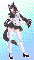 1girl absurdres ahoge alternate_costume animal_ears black_dress black_hair black_shoes blush breasts calstone_light_o_(umamusume) closed_mouth commentary_request dress enmaided full_body gradient_background hair_between_eyes hand_on_own_hip highres horse_ears horse_girl horse_tail iltusano long_hair maid maid_headdress medium_breasts multicolored_hair puffy_short_sleeves puffy_sleeves short_sleeves smile solo streaked_hair tail thighhighs umamusume white_hair white_thighhighs yellow_eyes