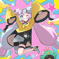 Rule 34 | 1girl, arms up, bellibolt, bike shorts, boots, character hair ornament, commentary request, creatures (company), eyelashes, game freak, green hair, grey footwear, grey shirt, grin, hair ornament, highres, iono (pokemon), long hair, looking at viewer, multicolored hair, nintendo, one eye closed, outline, pantyhose, pink hair, pokemon, pokemon (creature), pokemon sv, pokke tuki, shirt, single leg pantyhose, sleeveless, sleeveless shirt, sleeves past fingers, sleeves past wrists, smile, star (symbol), teeth, twintails, two-tone hair