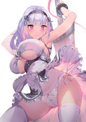 Rule 34 | 1girl, apron, azur lane, bad id, bad pixiv id, bare shoulders, black hairband, blush, breasts, clothing cutout, cowboy shot, dido (azur lane), frills, gluteal fold, hairband, holding, holding polearm, holding spear, holding weapon, jewelry, lace, lace panties, large breasts, long hair, looking at viewer, panties, pink eyes, polearm, side-tie panties, silver hair, simple background, skindentation, sleeveless, solo, spear, thighhighs, underboob, underboob cutout, underwear, waist apron, weapon, white apron, white panties, white thighhighs, yoshimoto (dear life)