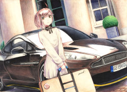 Rule 34 | 1girl, ahoge, aston martin vanquish s, braid, building, car, closed mouth, cobblestone, collared dress, commentary request, day, dress, dutch angle, green eyes, license plate, millipen (medium), motor vehicle, neck ribbon, original, outdoors, plant, potted plant, red hair, ribbon, side braid, solo, suitcase, tesun (g noh), traditional media, vehicle focus, watercolor pencil (medium), window