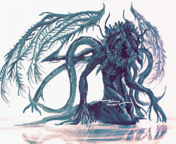 Rule 34 | 1other, bloodborne, commentary, ebrietas daughter of the cosmos, eldritch abomination, english commentary, from software, full body, looking at viewer, monster, no humans, reflection, ripples, shimhaq, signature, simple background, solo, tentacles, water, white background, wings
