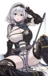 Rule 34 | 1girl, arm support, armor, armored boots, armored dress, armored gloves, arms up, asymmetrical armor, belt, belt buckle, black299nya, black armor, black belt, black gloves, black thighhighs, blush, boots, braid, breastplate, breasts, brown belt, buckle, chest strap, cleavage, cleavage cutout, clothing cutout, collared dress, commentary, dress, fingerless gloves, frilled dress, frills, gloves, gluteal fold, gold armor, green eyes, grey hair, hair between eyes, hand up, headband, highres, hololive, knee up, large breasts, leather belt, mace, medium hair, multicolored clothes, open mouth, panties, panty peek, pelvic curtain, puffy sleeves, shirogane noel, shirogane noel (1st costume), short dress, shoulder armor, simple background, single braid, sitting, skindentation, spread legs, sweat, teeth, thick thighs, thighhighs, thighs, torn clothes, torn thighhighs, underwear, upper teeth only, utility belt, virtual youtuber, wavy hair, weapon, white background