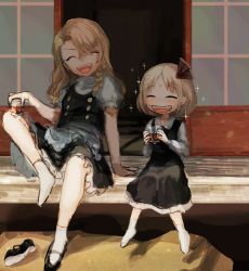 Rule 34 | 2girls, :d, ^ ^, age difference, apron, arm support, ascot, black footwear, black skirt, black vest, blonde hair, blush, braid, building, buttons, carbonara hontyotyo, child, closed eyes, collarbone, collared shirt, cup, day, dot nose, drink, drinking glass, dripping, facing another, facing viewer, fangs, fingernails, foot dangle, frilled apron, frilled sleeves, frills, full body, hair intakes, hair ornament, hair ribbon, happy, height difference, holding, holding cup, house, kirisame marisa, knee up, knees together feet apart, long hair, long sleeves, mary janes, multiple girls, no headwear, no nose, no shoes, open door, open mouth, outdoors, parted bangs, petticoat, puffy short sleeves, puffy sleeves, red ascot, red ribbon, ribbon, round teeth, rumia, shadow, sharp teeth, shirt, unworn shoe, shoes, unworn shoes, short hair, short sleeves, side braid, single braid, single shoe, sitting, skirt, skirt set, sliding doors, smile, socks, sparkle, sunlight, sweat, tatami, teeth, touhou, turtleneck, veranda, vest, waist apron, wavy hair, white apron, white legwear, white shirt, wing collar, yellow ribbon, |d