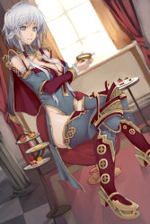 Rule 34 | 1girl, armor, bad id, bad pixiv id, cake, capelet, checkered floor, cup, detached sleeves, dutch angle, earrings, floor, food, greaves, grey hair, highres, jewelry, kibamigohann, knight, leotard, original, purple eyes, red upholstery, sitting, smile, solo, teacup, tiered serving stand