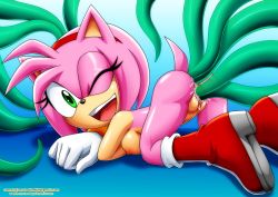 Rule 34 | 1girl, all fours, amy rose, anal, ass, bbmbbf, boots, bracelet, breasts, consensual tentacles, covered erect nipples, double vaginal, eyelashes, furry, gloves, green eyes, hairband, happy sex, hedgehog, highres, jewelry, looking at viewer, multiple anal, multiple insertions, multiple vaginal, nude, one eye closed, open mouth, pussy juice, smile, sonic (series), tentacles, top-down bottom-up, triple anal, vaginal