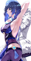 Rule 34 | 1girl, armpits, arms behind head, arms up, asymmetrical gloves, bare shoulders, black hair, black pants, blue dress, blue hair, blush, bob cut, breasts, cleavage, cleavage cutout, clothing cutout, diagonal bangs, dice, dress, earrings, fur-trimmed jacket, fur trim, genshin impact, gloves, green eyes, highres, jacket, jacket on shoulders, jewelry, large breasts, long sleeves, looking at viewer, mismatched gloves, mole, mole on breast, multicolored hair, neck ring, pants, pelvic curtain, pendant, short hair, smile, solo, tassel, thighs, tight clothes, tight pants, two-tone hair, uenoryoma, vision (genshin impact), white jacket, yelan (genshin impact)