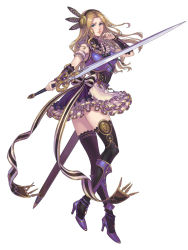 Rule 34 | 1girl, alternate costume, armor, armored boots, blonde hair, boots, breastplate, feathers, green eyes, highres, holding, holding sword, holding weapon, long hair, official art, purple armor, silmeria valkyrie, sword, thighhighs, third-party source, valkyrie, valkyrie anatomia, valkyrie profile (series), weapon