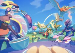 Rule 34 | + +, bird, bowl, ceruledge, chocolate, claws, cloud, commentary request, cooking, creatures (company), day, drifloon, eating, food, game freak, garchomp, gen 4 pokemon, gen 6 pokemon, gen 7 pokemon, highres, holding, looking down, meowscarada, mimikyu, miraidon, mokukitusui, motion blur, nintendo, ogerpon, open mouth, outdoors, pink eyes, pokemon, pokemon (creature), red eyes, rowlet, sky, talonflame