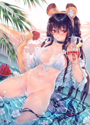 Rule 34 | animal ears, bare shoulders, bikini, blush, braid, breasts, choker, collarbone, cup, day, eyepatch bikini, fake animal ears, fake tail, flower, food, front-tie bikini top, front-tie top, groin, hair flower, hair ornament, hairband, highres, holding, holding cup, holding tail, long hair, looking at viewer, medium breasts, navel, obiwan, off shoulder, outdoors, parted lips, popsicle, purple hair, red eyes, side-tie bikini bottom, sidelocks, signature, stomach, string bikini, swimsuit, tail, toranoana, untied bikini, watermelon bar, wet, wet clothes, white bikini, x hair ornament