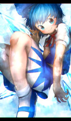 Rule 34 | 1girl, absurdres, blue bow, blue eyes, blue footwear, blue hair, blue skirt, blue vest, bow, cirno, closed mouth, fingernails, hair bow, hand up, highres, ice, letterboxed, looking at viewer, medium hair, neck ribbon, niwarhythm, puffy short sleeves, puffy sleeves, red ribbon, ribbon, shirt, shoes, short sleeves, skirt, smile, socks, solo, touhou, vest, white shirt, white socks