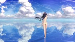 Rule 34 | 1girl, ass, back, black hair, blue sky, cloud, day, flat ass, highres, kimagure blue, long hair, nude, original, outdoors, reflection, scenery, sky, solo, standing, standing on liquid, very long hair, water, water world, wide shot