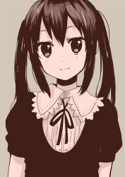 Rule 34 | 1girl, :3, bad id, bad pixiv id, face, k-on!, monochrome, nakano azusa, pimo, ribbon, smile, solo, twintails