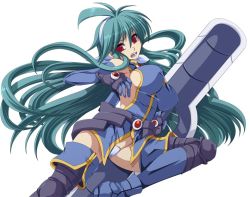 Rule 34 | 1girl, antenna hair, belt, blue footwear, blue gloves, boots, breasts, covered erect nipples, elbow gloves, gem, gloves, green hair, groin, hairband, holding, holding weapon, huge weapon, jewelry, knee pads, large breasts, long hair, open mouth, oversized object, polaris (shinrabanshou), red eyes, red gemstone, shinrabanshou, sideboob, simple background, solo, teeth, thigh boots, thighhighs, very long hair, weapon, white background
