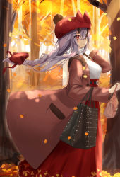 Rule 34 | 1girl, autumn, autumn leaves, bag, belt, blush, braid, breasts, coat, commentary request, fate/grand order, fate (series), forest, hair ribbon, handbag, hat, highres, horns, large breasts, light smile, liu liu, long hair, long skirt, looking at viewer, nature, oni horns, open clothes, open coat, red eyes, red hat, red ribbon, red skirt, ribbon, shopping bag, sidelocks, silver hair, single braid, skirt, solo, sunlight, tomoe gozen (fate)
