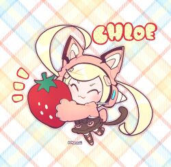 Rule 34 | 1girl, :3, blonde hair, bow, brown bow, brown dress, brown footwear, character name, chibi, closed eyes, closed mouth, dress, food, fruit, full body, holding, holding food, holding fruit, hug, jacket, kotorai, lucky chloe, oversized food, oversized object, pink jacket, plaid, plaid background, signature, solo, strawberry, tail, tekken
