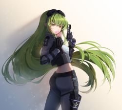 Rule 34 | 1girl, ass, black gloves, breasts, blowing bubbles, c.c., chewing gum, code geass, commentary, commission, cropped jacket, english commentary, gloves, goggles, goggles on head, green hair, holster, long hair, looking back, midriff, multicolored clothes, pants, sidelocks, small breasts, solo, thigh holster, trigger discipline, very long hair, yellow eyes, yoclesh