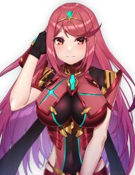 Rule 34 | 1girl, alternate hairstyle, blush, breasts, chest jewel, cleavage, covered navel, earrings, gloves, highres, jewelry, large breasts, long hair, looking at viewer, official alternate hair length, official alternate hairstyle, pyra (xenoblade), red eyes, red hair, shinae, smile, solo, swept bangs, tiara, very long hair, xenoblade chronicles (series), xenoblade chronicles 2