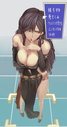 Rule 34 | 1girl, anklet, arm under breasts, bare shoulders, black dress, black footwear, black gloves, black hair, breast hold, breasts, circlet, cleavage, collarbone, commentary request, detached sleeves, dress, earrings, fingernails, fire emblem, fire emblem: the blazing blade, from above, gameplay mechanics, gloves, gold trim, grid, high heels, jewelry, large breasts, long fingernails, long hair, nail polish, nintendo, no panties, nonji (sayglo halo), pelvic curtain, plunging neckline, red nails, red sash, sash, side slit, solo, sonia (fire emblem: the blazing blade), thighs, thinking, thumb to mouth, translation request, user interface, yellow eyes