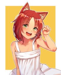 Rule 34 | 1girl, :d, animal ears, arm up, bare arms, bare shoulders, blush, dog ears, dress, looking at viewer, open mouth, original, parted bangs, paw pose, red hair, satsuki neko, short hair, simple background, smile, solo, sundress, upper body, white dress, yellow background