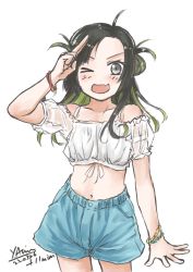 Rule 34 | 1girl, ahoge, alternate costume, arimura yuu, black hair, blouse, collarbone, cowboy shot, dated, double bun, fang, forehead, green hair, grey eyes, hair bun, highres, kantai collection, long hair, makinami (kancolle), midriff, multicolored hair, navel, one eye closed, open mouth, salute, shirt, signature, simple background, skin fang, smile, solo, standing, white background, white shirt