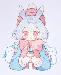 Rule 34 | 1girl, animal ears, aqua jacket, beanie, blue hair, blush, bow, bowtie, closed mouth, coffee cup, commentary request, crossed bangs, cup, disposable cup, eyelashes, fur-trimmed sleeves, fur trim, genshin impact, gradient hair, grey background, hair between eyes, hair ornament, hands up, hat, highres, holding, holding cup, jacket, long sleeves, looking at viewer, low twintails, medium hair, mittens, multicolored hair, nasuke, neuvillette (genshin impact), pink bow, pom pom (clothes), pom pom beanie, pom pom hair ornament, puffy long sleeves, puffy sleeves, purple hair, red bow, red bowtie, red eyes, red hat, red scarf, scarf, short twintails, sigewinne (genshin impact), simple background, smile, snowman, solo, steam, twintails, upper body, white mittens, wriothesley (genshin impact)