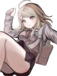 1girl ahoge akamatsu_kaede ass backpack bag blonde_hair breasts brown_skirt danganronpa_(series) danganronpa_v3:_killing_harmony fortissimo grey_background hair_ornament hand_up ikemen&#039;na_ore-shi large_breasts long_hair long_sleeves miniskirt musical_note musical_note_hair_ornament pink_eyes pink_sweater_vest simple_background skirt solo sweater_vest teeth