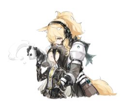 Rule 34 | 2girls, :o, animal ears, arknights, armor, black gloves, black hair, black jacket, blonde hair, closed mouth, collared shirt, commentary request, cropped torso, crossover, cup, gloves, hair between eyes, headphones, holding, holding cup, horse ears, jacket, long hair, looking down, looking up, manhattan cafe (umamusume), multiple girls, nearl (arknights), necktie, nejikyuu, open mouth, ponytail, scarf, shirt, shoulder armor, simple background, steam, tail, umamusume, upper body, white background, white shirt, yellow necktie