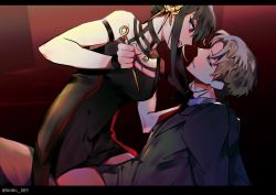 Rule 34 | 1boy, 1girl, absurdres, arms around neck, black dress, black hair, black suit, couple, dress, earrings, eye contact, formal, highres, holding, holding weapon, indoors, jewelry, letterboxed, looking at another, necktie, needle, red eyes, red necktie, samgu 1019, sitting, sitting on lap, sitting on person, spy x family, straddling, suit, twilight (spy x family), weapon, yor briar