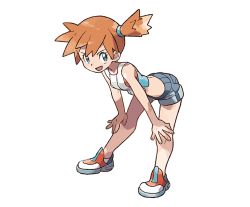 Rule 34 | 1girl, bent over, blue eyes, blue shorts, breasts, creatures (company), crop top, female focus, full body, game freak, gym leader, hair tie, hands on own knees, happy, legs apart, looking to the side, midriff, misty (pokemon), mizutani megumi, nintendo, official art, open mouth, orange hair, outline, pokemon, pokemon lgpe, red footwear, shirt, shoes, short hair, short shorts, shorts, side ponytail, sleeveless, sleeveless shirt, small breasts, smile, solo, standing, transparent background, white outline, white shirt
