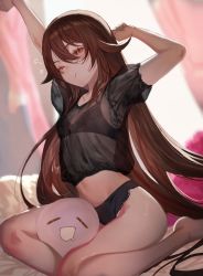 Rule 34 | 1girl, absurdres, arms up, barefoot, black bra, black panties, black shirt, blush, bra, breasts, brown hair, genshin impact, ghost, highres, hu tao (genshin impact), lingerie, long hair, looking at viewer, midriff, navel, one eye closed, panties, red eyes, salmon88, see-through, shirt, short sleeves, small breasts, solo, stretching, symbol-shaped pupils, thighs, twintails, underwear, very long hair, waking up