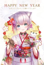 Rule 34 | 1girl, :d, animal, animal ear fluff, animal ears, animal on shoulder, black choker, braid, cat, cat ears, cat on shoulder, choker, flower, gem, gloves, green eyes, grey gloves, grey hair, hair flower, hair ornament, hair ribbon, happy new year, highres, japanese clothes, kimono, looking at viewer, new year, obi, open mouth, original, pink flower, red flower, red gemstone, red ribbon, ribbon, sakura moyon, sash, smile, solo, upper body, white kimono, wide sleeves