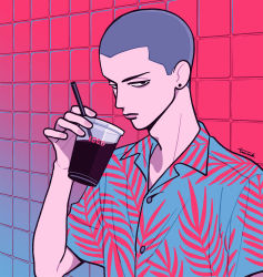 Rule 34 | 1boy, buzz cut, collared shirt, cup, drinking straw, earrings, hand up, highres, jewelry, kk724, looking at viewer, original, print shirt, shadow, shirt, short hair, short sleeves, signature, solo, tile wall, tiles, very short hair