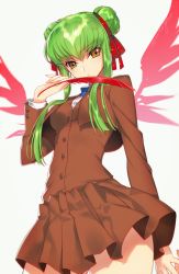 Rule 34 | 1girl, :o, blue bow, blue bowtie, bow, bowtie, breasts, brown jacket, brown skirt, buttons, c.c., code geass, cosplay, cowboy shot, creayus, cropped jacket, double bun, feathers, fushigi yuugi, green hair, hair bun, hair ribbon, holding, holding feather, jacket, long sleeves, looking at viewer, looking down, medium breasts, parted lips, pleated skirt, red ribbon, ribbon, school uniform, short hair with long locks, sidelocks, simple background, skirt, solo, standing, thighs, white background, yellow eyes, yuuki miaka, yuuki miaka (cosplay)