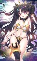 Rule 34 | 1girl, arm behind head, arm up, armlet, armpits, asymmetrical legwear, asymmetrical sleeves, bad id, bad pixiv id, bare shoulders, bikini, black bikini, black hair, blush, breasts, detached collar, detached sleeves, earrings, ereshkigal (fate), fate/grand order, fate (series), gold trim, highres, hoop earrings, ishtar (fate), jewelry, large breasts, long hair, looking at viewer, mismatched bikini, navel, neck ring, open mouth, parted bangs, red eyes, single detached sleeve, smile, solo, swimsuit, tiara, two side up, uneven legwear, uneven sleeves, urim (paintur), white bikini