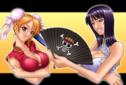 Rule 34 | 2girls, breasts, china dress, chinese clothes, dress, folding fan, hand fan, huge breasts, jolly roger, kagami hirotaka, multiple girls, nami (one piece), nico robin, one piece, straw hats jolly roger