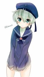 Rule 34 | 10s, 1girl, bad id, bad pixiv id, blue eyes, blush, clothes writing, hat, kantai collection, kida mochi, kidamochi, leaning forward, long sleeves, looking at viewer, mareta mochi, military, military uniform, neckerchief, no nose, sailor collar, sailor hat, short hair, silver hair, simple background, solo, twitter username, uniform, white background, z1 leberecht maass (kancolle)