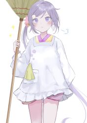 Rule 34 | 1girl, akebono (kancolle), apron, bell, blush, broom, closed mouth, commentary request, flower, hair bell, hair flower, hair ornament, hairclip, highres, holding, holding broom, japanese clothes, kantai collection, kappougi, long hair, long sleeves, pink flower, purple eyes, purple hair, side ponytail, simple background, solo, sparkle, suihei, very long hair, white background