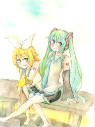 Rule 34 | 2girls, aqua eyes, aqua hair, arm support, bad id, bad pixiv id, bare shoulders, barefoot, blonde hair, detached sleeves, hair ornament, hair ribbon, hatsune miku, headset, kagamine rin, long hair, mary (jun&#039;ichi), multiple girls, necktie, open mouth, ribbon, sitting, skirt, smile, traditional media, twintails, very long hair, vocaloid