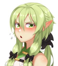 Rule 34 | 10s, 1girl, artist name, bare shoulders, black bow, blush, bow, chestnut mouth, colored eyelashes, corset, elf, face, goblin slayer!, green corset, green eyes, green hair, hair between eyes, half-closed eyes, high elf archer (goblin slayer!), highres, looking at viewer, mismatched eyelashes, nyxkz, open mouth, pointy ears, sidelocks, simple background, sleeveless, solo, white background
