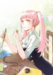 Rule 34 | 1girl, chair, closed mouth, ebi puri (ebi-ebi), female focus, fire emblem, fire emblem: three houses, from side, garreg mach monastery uniform, hilda valentine goneril, holding, holding paintbrush, long hair, looking to the side, matching hair/eyes, nintendo, paintbrush, pink eyes, pink hair, sitting, smile, solo, table, twintails, uniform