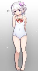 Rule 34 | 1girl, ?, arm behind back, bare shoulders, barefoot, braid, covered navel, dot nose, female focus, flat chest, full body, gradient background, hair ornament, hand up, highres, kiikii (kitsukedokoro), looking at viewer, one-piece swimsuit, parted lips, purple eyes, short hair, simple background, solo, standing, star ocean, star ocean anamnesis, swimsuit, tika blunche, toenails, toes, white hair, white one-piece swimsuit