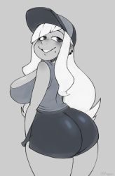 Rule 34 | 1girl, ass, belle (raydio), breasts, creatures (company), eyebrows, game freak, hat, highres, huge ass, long hair, nintendo, original, pokemon, raydio, shirt, shorts, simple background, smile, solo, white hair