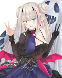 Rule 34 | 1girl, absurdres, blonde hair, blue eyes, blush, breasts, double v, dress, earrings, elbow gloves, fangs, ghost, girls&#039; frontline, gloves, grey hair, halloween, heart, heart-shaped pupils, heterochromia, highres, jewelry, long hair, looking at viewer, mdr (ghost trap) (girls&#039; frontline), mdr (girls&#039; frontline), multicolored hair, official alternate costume, open mouth, pink eyes, pink hair, pointy ears, ru zhai, sidelocks, single elbow glove, single sleeve, smile, solo, streaked hair, symbol-shaped pupils, v
