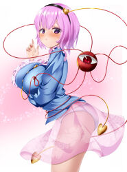 Rule 34 | 1girl, absurdres, black hairband, blue shirt, blush, breasts, commentary request, from side, hairband, heart, heart of string, highres, komeiji satori, large breasts, long sleeves, looking at viewer, musi tino, open mouth, panties, pink background, pink eyes, pink panties, pink skirt, shirt, skirt, solo, third eye, touhou, underwear, wide sleeves