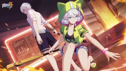 Rule 34 | 1boy, 1girl, baseball bat, black shorts, feet, foot out of frame, hand on floor, highres, holding, holding weapon, honkai (series), honkai impact 3rd, kevin kaslana, kiana kaslana, legs, logo, looking at viewer, looking to the side, official alternate costume, official art, official wallpaper, sandals, shirt, short hair, shorts, smile, toenails, toes, weapon, white hair, white shirt