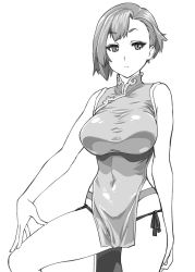 Rule 34 | 1girl, breasts, character request, china dress, chinese clothes, closed mouth, dress, greyscale, large breasts, looking at viewer, monochrome, original, short hair, simple background, solo, thong, ueyama michirou, white background