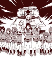 Rule 34 | 10s, 6+girls, alina (girls und panzer), bad id, bad twitter id, carrying, clara (girls und panzer), closed mouth, commentary, crossed arms, emblem, extra, fang, frown, fur hat, girls und panzer, glasses, greyscale, halftone, hand on own hip, hand on own knee, hat, helmet, highres, inactive account, jacket, katyusha (girls und panzer), leaning forward, loafers, long hair, long sleeves, looking at viewer, military, military vehicle, miniskirt, monochrome, motor vehicle, multiple girls, nina (girls und panzer), nonna (girls und panzer), open mouth, pleated skirt, pravda school uniform, round eyewear, sabaku chitai, school uniform, shadow, shirt, shoes, short hair, shoulder carry, skirt, sleeves rolled up, smile, socks, standing, standing at attention, swept bangs, t-34, t-34-85, tank, tank helmet, turtleneck, ushanka, v-shaped eyebrows