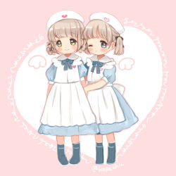 Rule 34 | 2girls, apron, arm hug, artist name, black footwear, black ribbon, blue bow, blue bowtie, blue dress, blue eyes, blush, boots, bow, bowtie, braid, braided hair rings, brown hair, closed mouth, collared dress, commentary request, drawn wings, dress, green eyes, hair ribbon, hat, heart, kohane (copinc), looking at viewer, multiple girls, nurse, nurse cap, one eye closed, original, pink background, puffy short sleeves, puffy sleeves, ribbon, short sleeves, sidelocks, simple background, smile, tareme, twintails, twitter username, white apron, white background, white headwear, wings